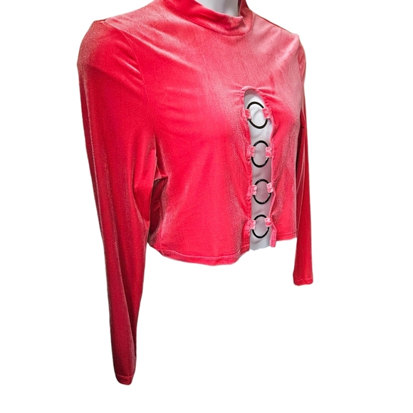 SHEIN CURV High Neck LongSleeve Cropped Pink Velvet Front Embellished O-Ring Top - Picture 4 of 14